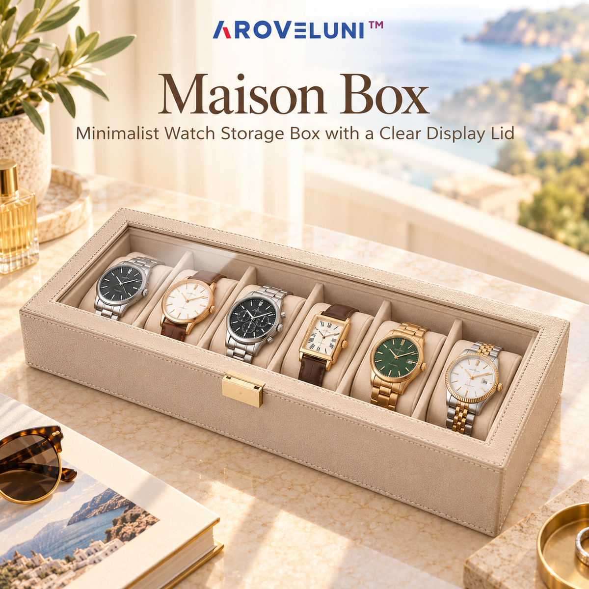 Aroveluni™ Maison Box – Minimalist Watch Storage Box with a Clear Display Lid