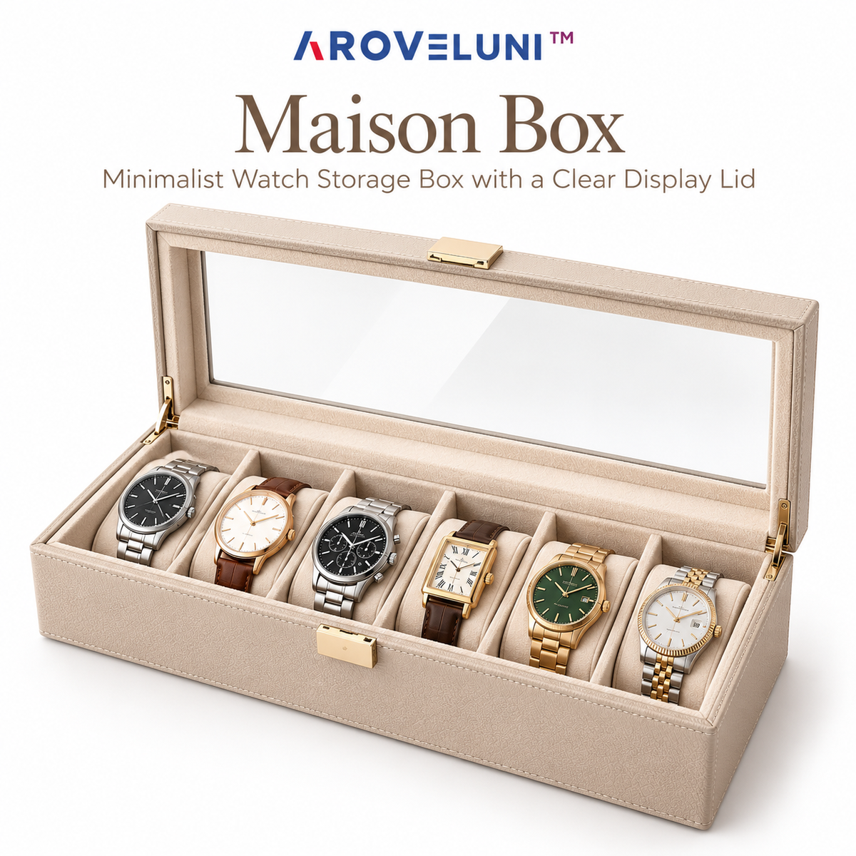 Aroveluni™ Maison Box – Minimalist Watch Storage Box with a Clear Display Lid