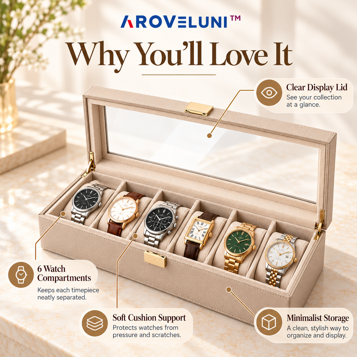 Aroveluni™ Maison Box – Minimalist Watch Storage Box with a Clear Display Lid
