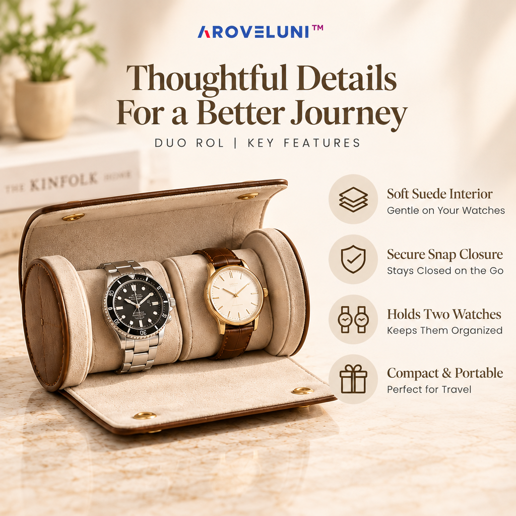 Aroveluni™ Duo Roll – Refined Two-Watch Travel Roll for Weekend Trips & Everyday Carry