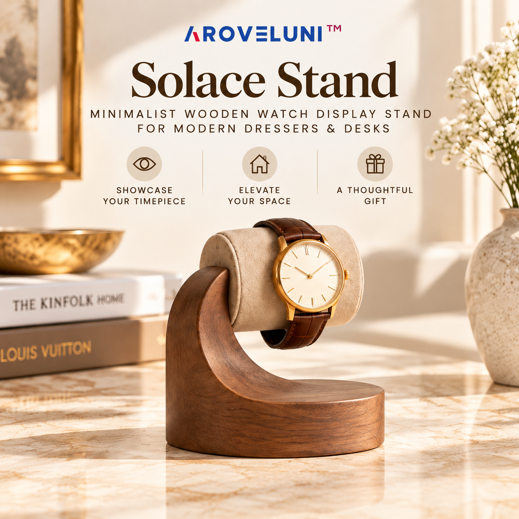 Aroveluni™ Solace Stand – Minimalist Wooden Watch Display Stand for Modern Dressers & Desks