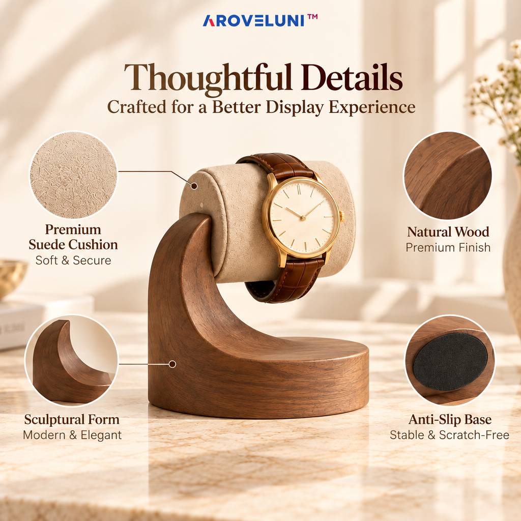 Aroveluni™ Solace Stand – Minimalist Wooden Watch Display Stand for Modern Dressers & Desks