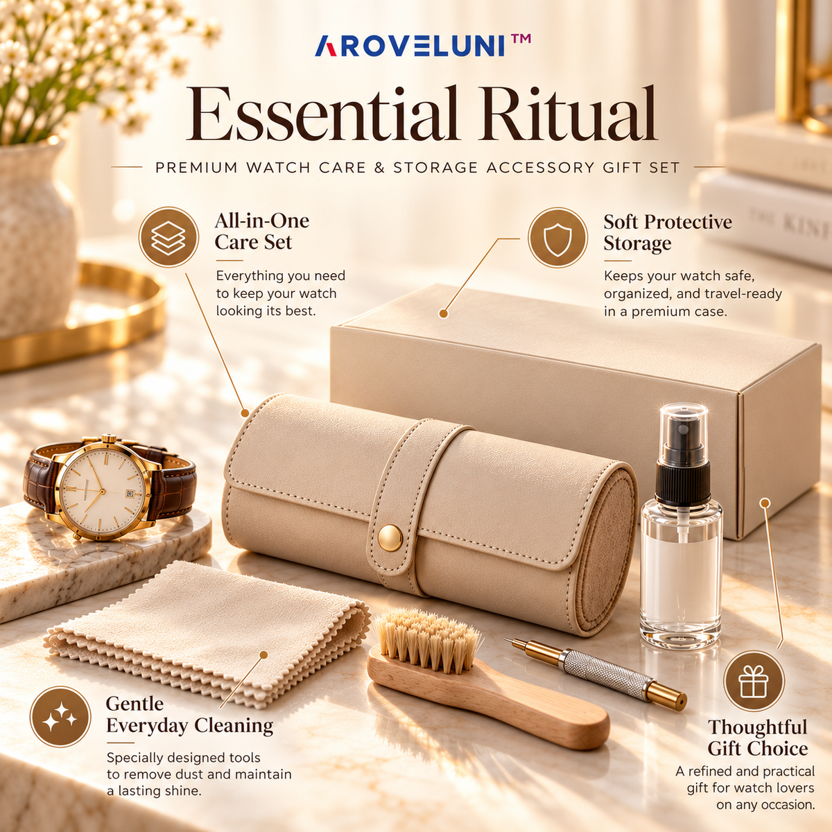 Aroveluni™ Essential Ritual – Premium Watch Care & Storage Accessory Gift Set