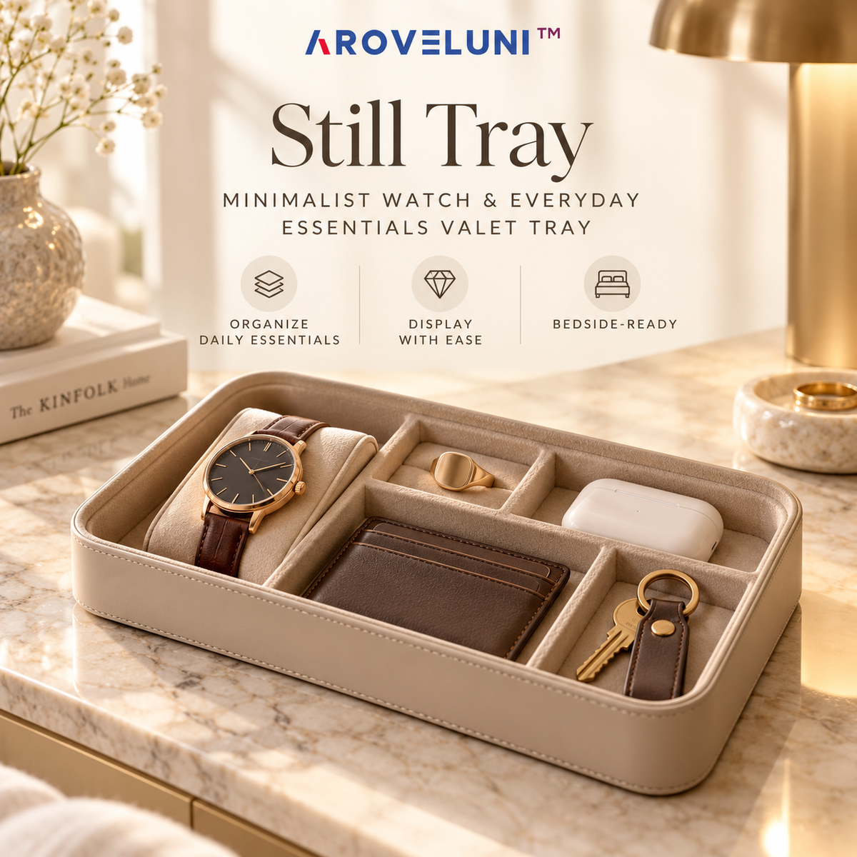 Aroveluni™ Still Tray – Minimalist Watch & Everyday Essentials Valet Tray for Bedside Tables