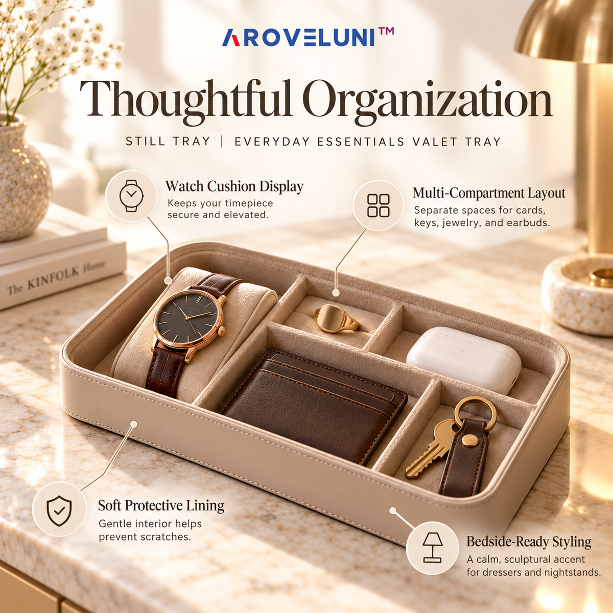 Aroveluni™ Still Tray – Minimalist Watch & Everyday Essentials Valet Tray for Bedside Tables