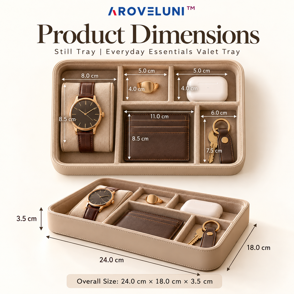 Aroveluni™ Still Tray – Minimalist Watch & Everyday Essentials Valet Tray for Bedside Tables