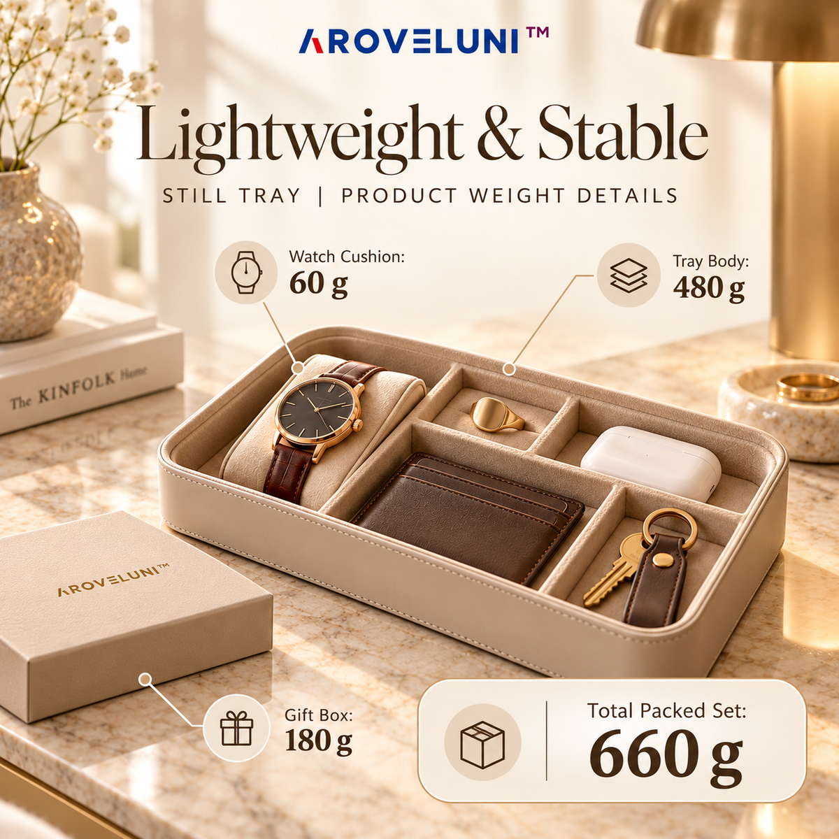 Aroveluni™ Still Tray – Minimalist Watch & Everyday Essentials Valet Tray for Bedside Tables