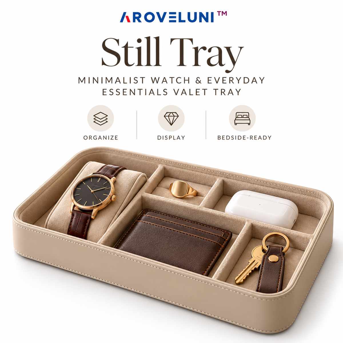 Aroveluni™ Still Tray – Minimalist Watch & Everyday Essentials Valet Tray for Bedside Tables