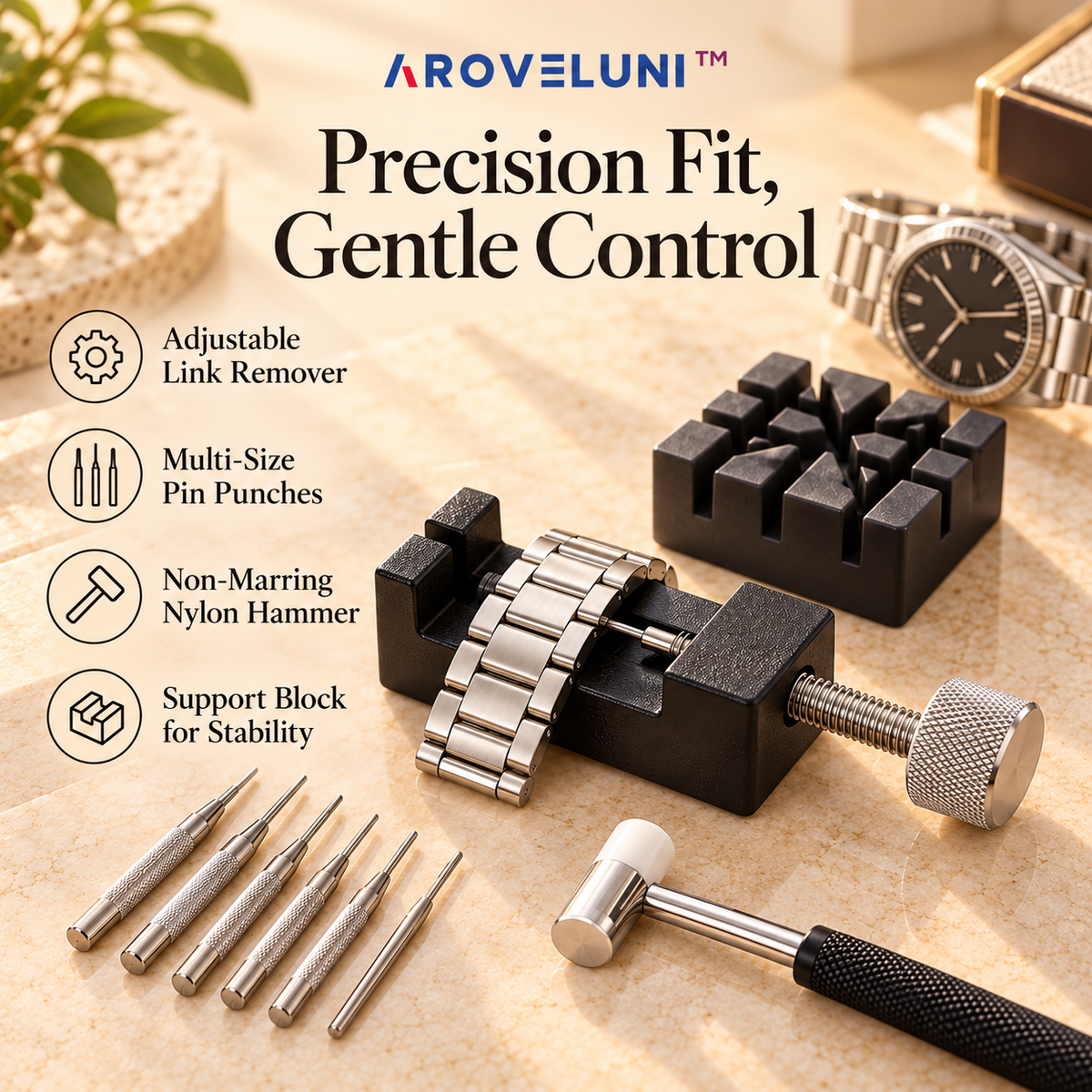 Aroveluni™ Link Atelier – Precision Watch Bracelet Adjustment Tool Kit for Metal Bands